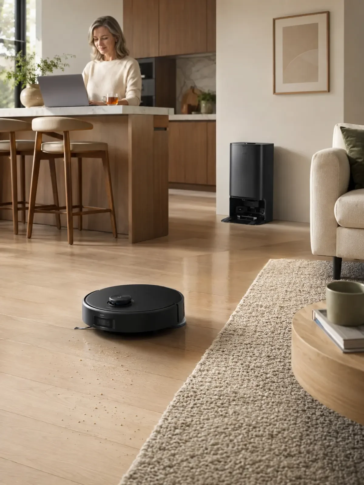 Robot vacuum and mop cleaning crumbs while a woman works nearby.