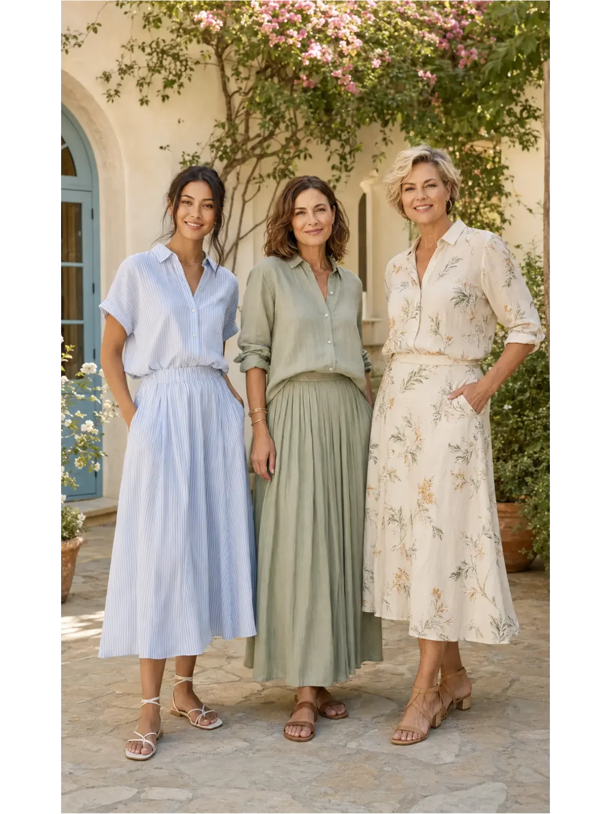 Three women of different ages wearing blue-striped, sage linen, and floral matching shirt-and-skirt sets.