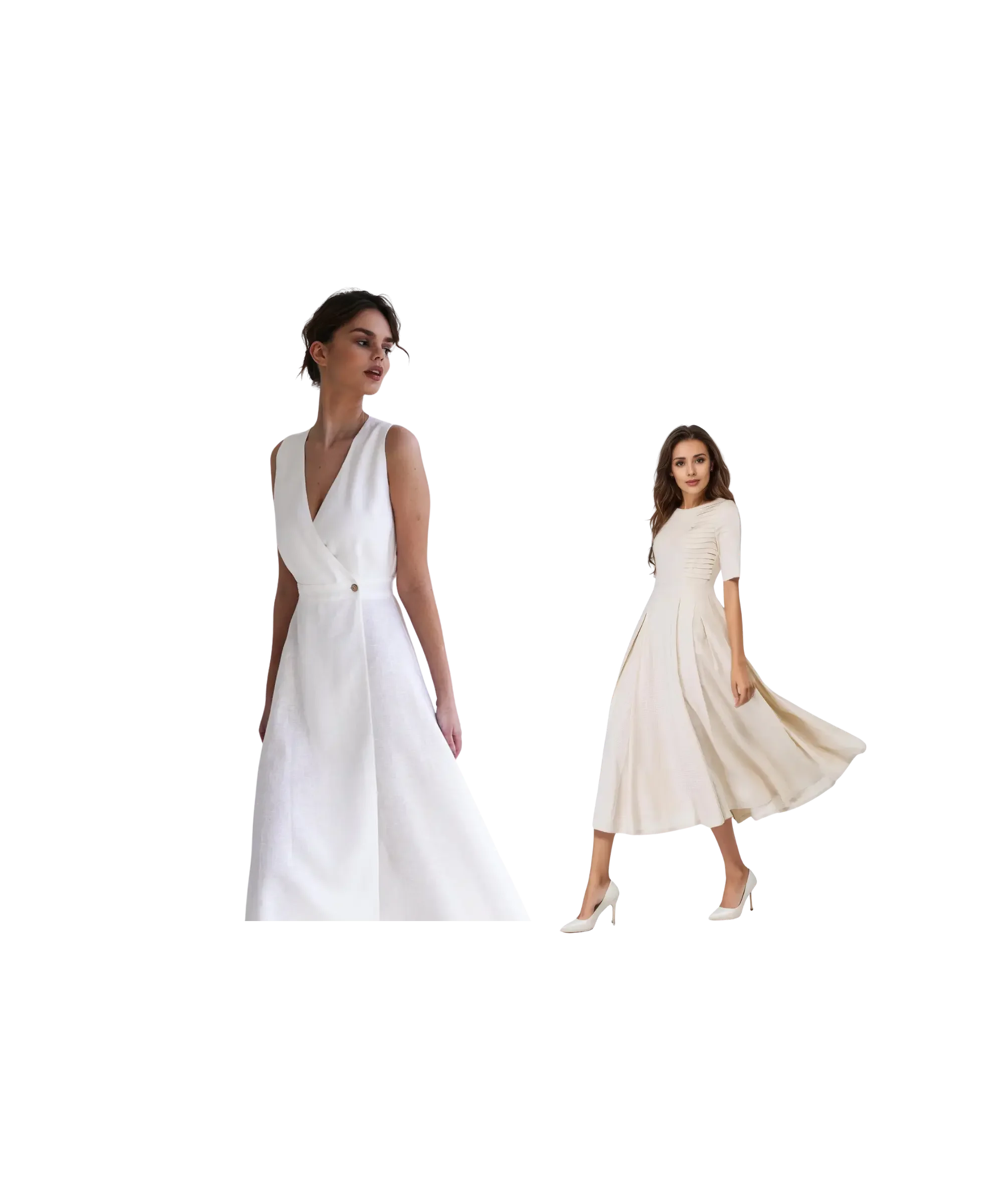 Elegant capsule wardrobe styling featuring two minimalist linen dresses in soft neutral tones—one sleeveless wrap-style dress and one short-sleeve midi dress—designed for timeless, effortless everyday wear.
