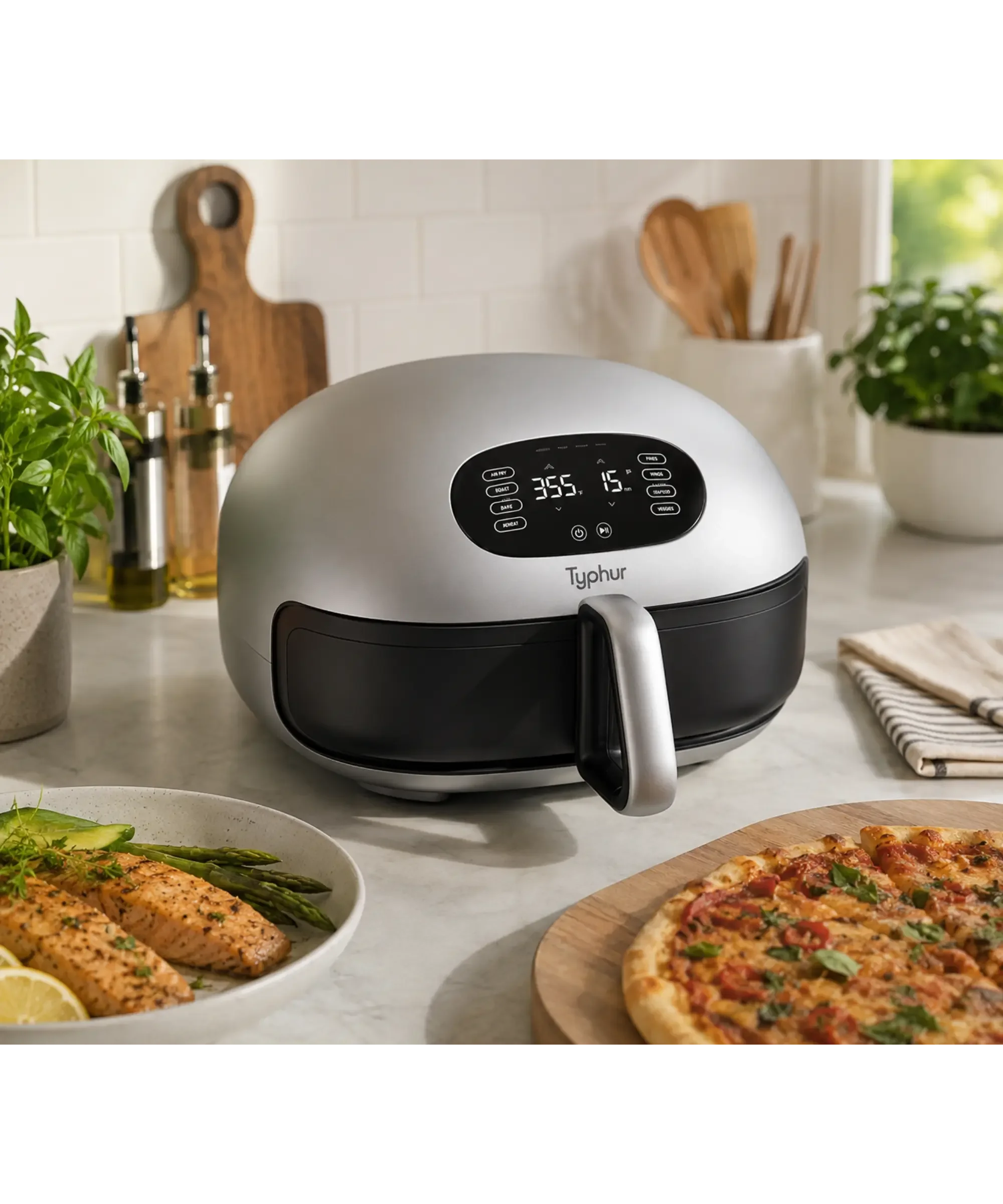 Typhur Dome 2 smart air fryer with a PFAS-free ceramic basket displayed on a bright modern kitchen countertop beside fresh salmon, asparagus, and pizza, showcasing its sleek design and versatile cooking capabilities.