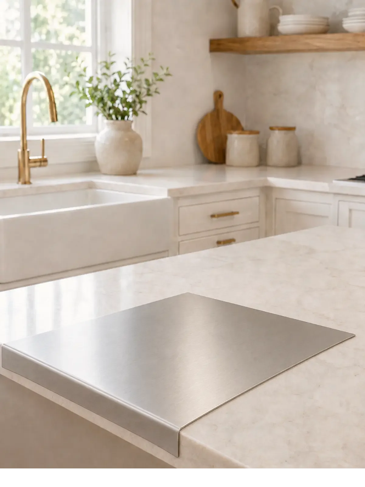 Stainless steel cutting board with an L-shaped edge fitted over a kitchen countertop.