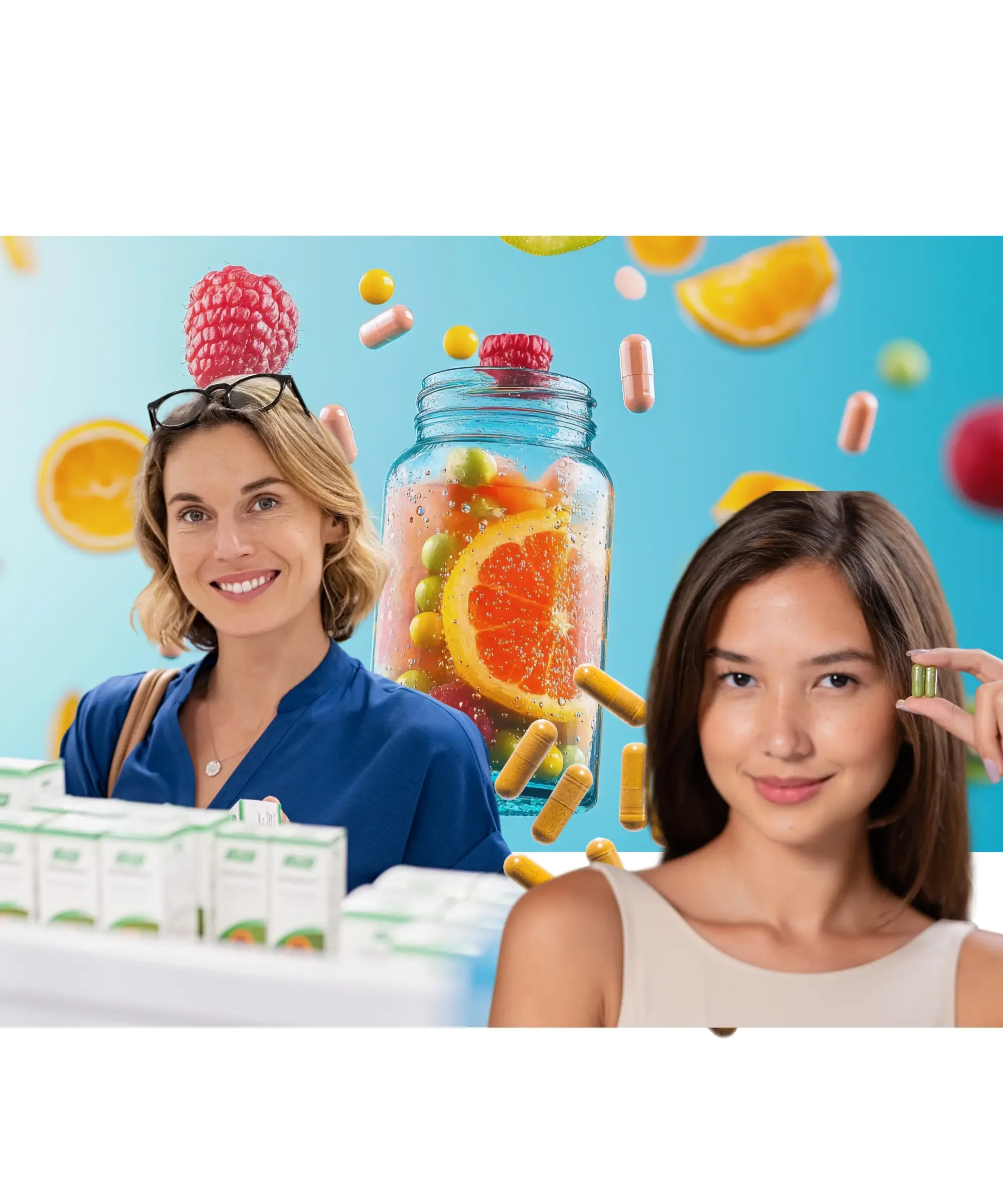 Two women smiling in a supplement store with floating capsules, citrus fruits, and a glass jar of infused water with orange slices and berries in the background, representing healthy supplements and wellness lifestyle.