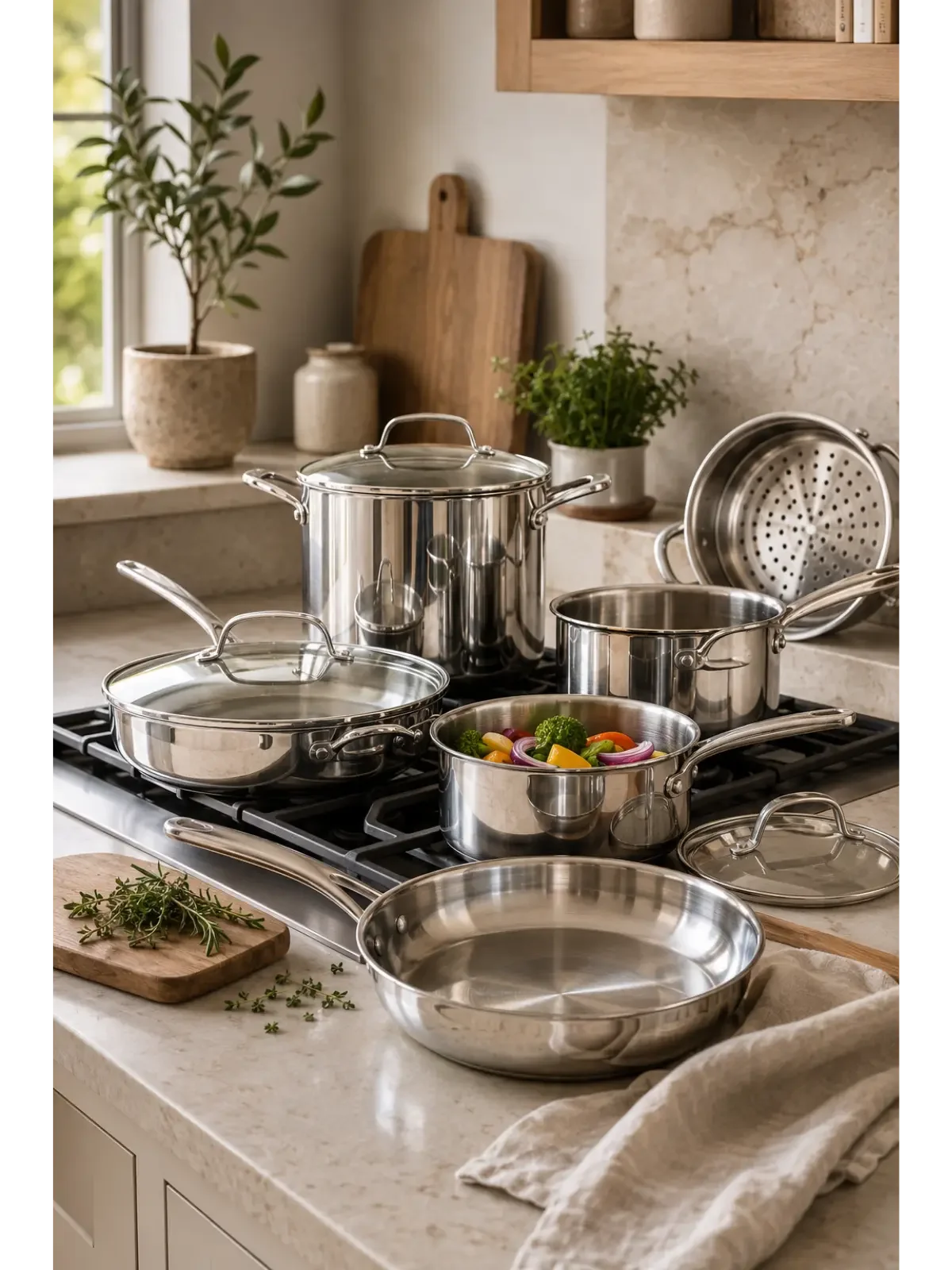 Stainless steel pots and pans arranged in a warm kitchen with fresh vegetables and natural décor.