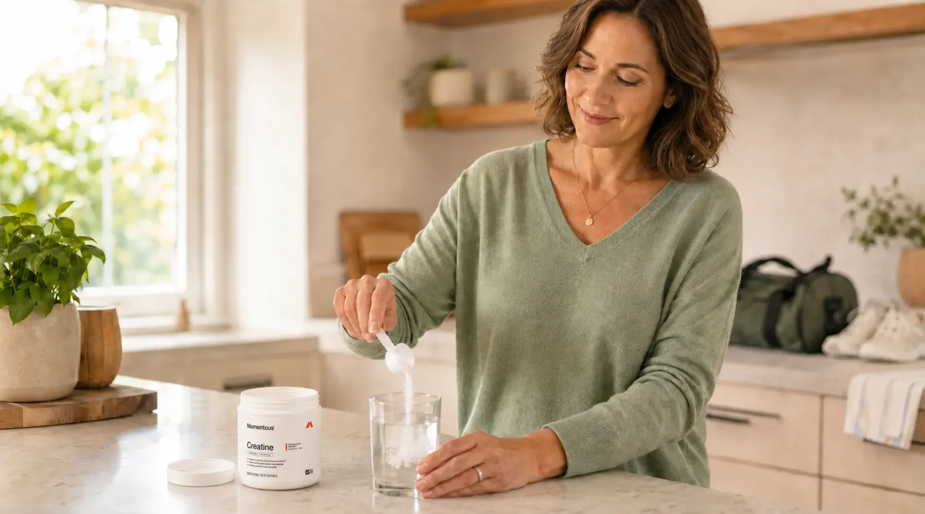 Woman in her 40s adding Momentous Creatine to water in her kitchen on a rest day.