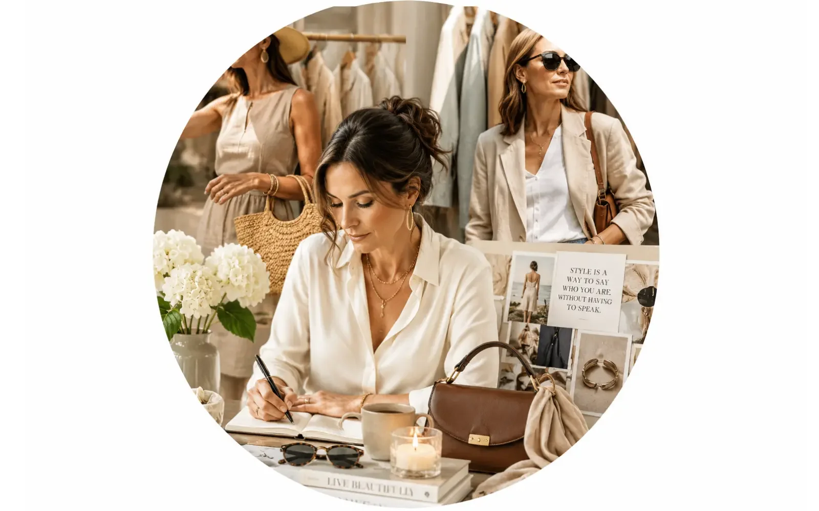 Woman writing in a notebook at a table inside a clothing boutique.