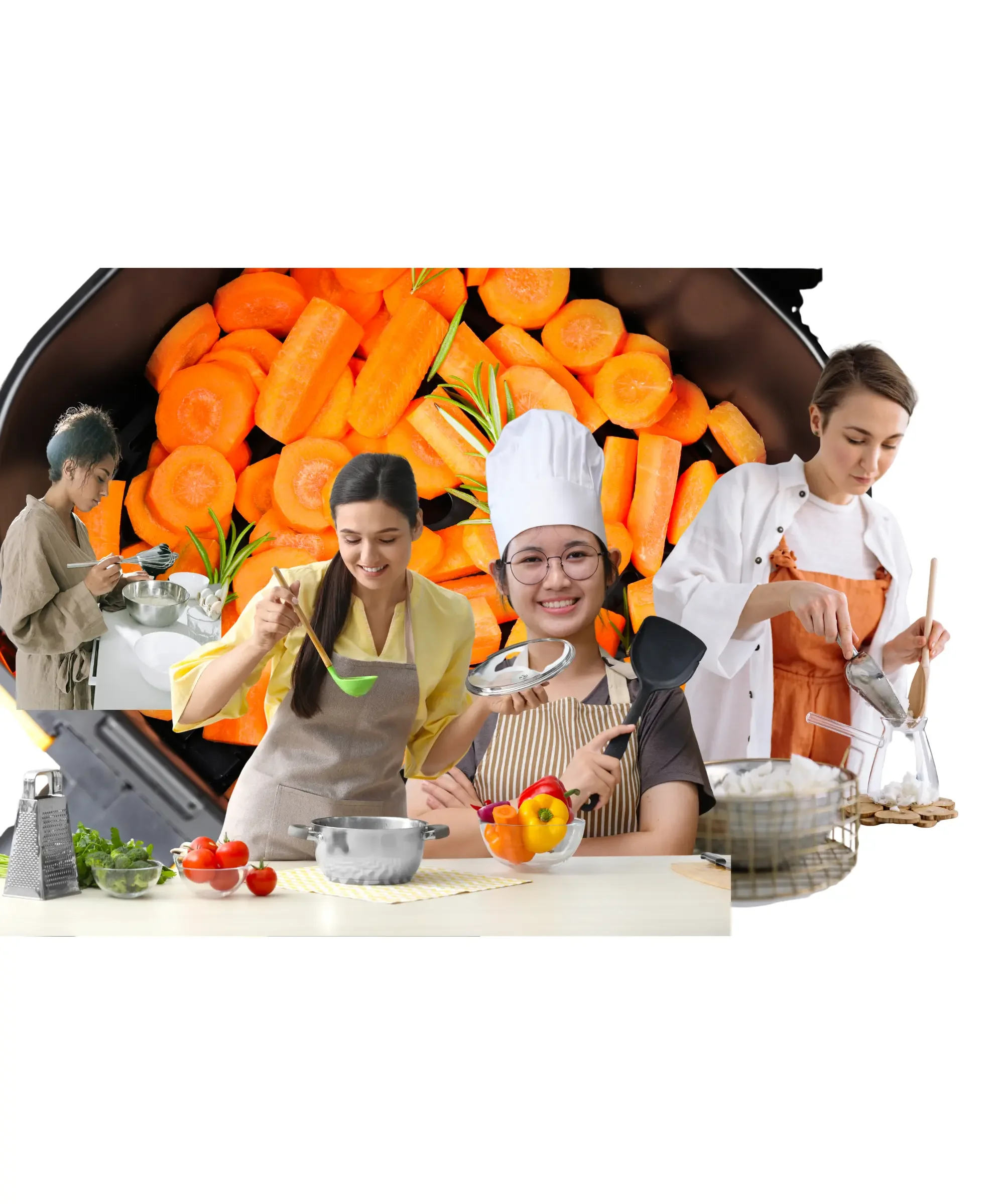 Four women preparing healthy meals in a kitchen with chopped carrots in an air fryer basket in the background, representing smart cooking, healthy air fryer meals, and modern kitchen lifestyle.