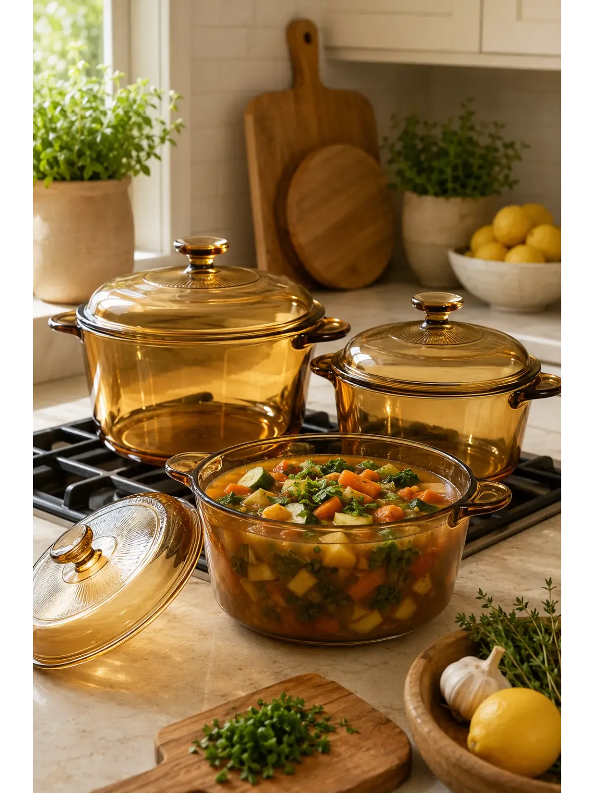 Amber glass pots with matching lids and vegetable soup in a warm, naturally lit kitchen.