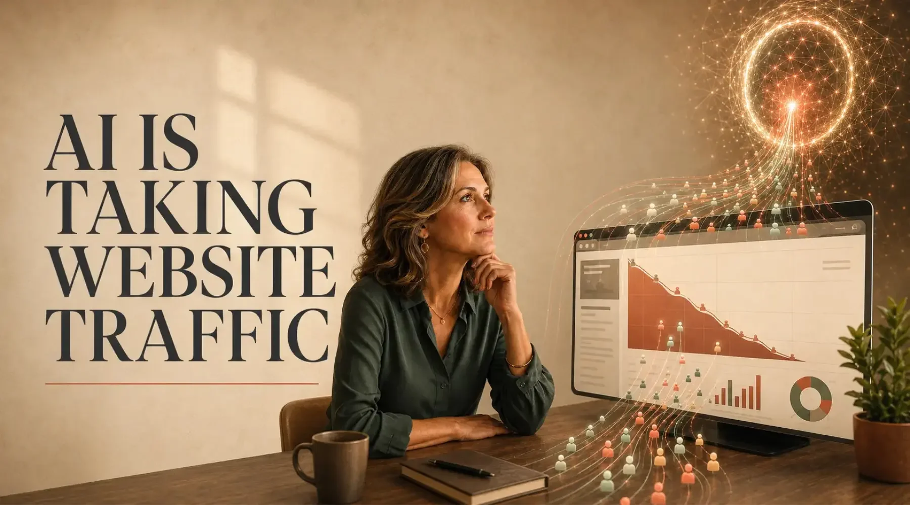 Woman viewing declining website traffic as visitors flow toward an AI network.