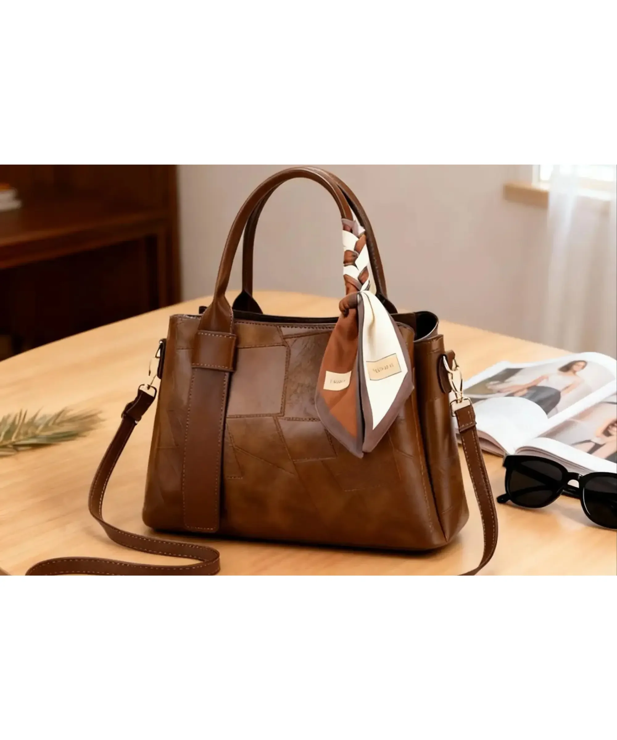Handmade brown leather tote bag with structured design and shoulder strap, stylish everyday handbag gift for mom.