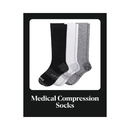 Three knee-high compression socks in black, white, and gray, with the caption “Medical Compression Socks.”