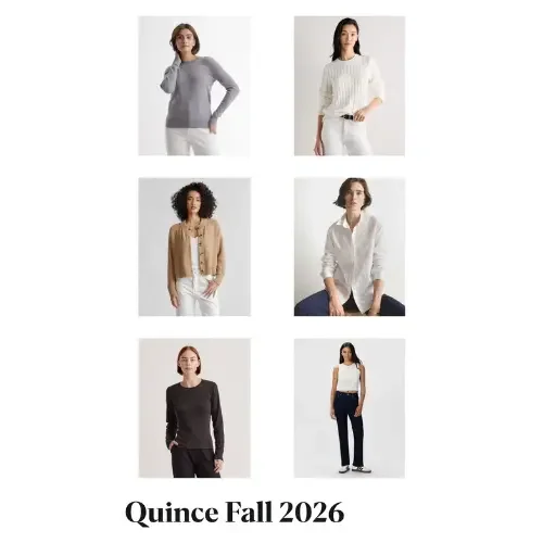 Quince Fall 2026 clothing collage featuring gray and ivory sweaters, a camel cardigan, a white button-down shirt, a dark long-sleeve top, and dark-wash jeans.