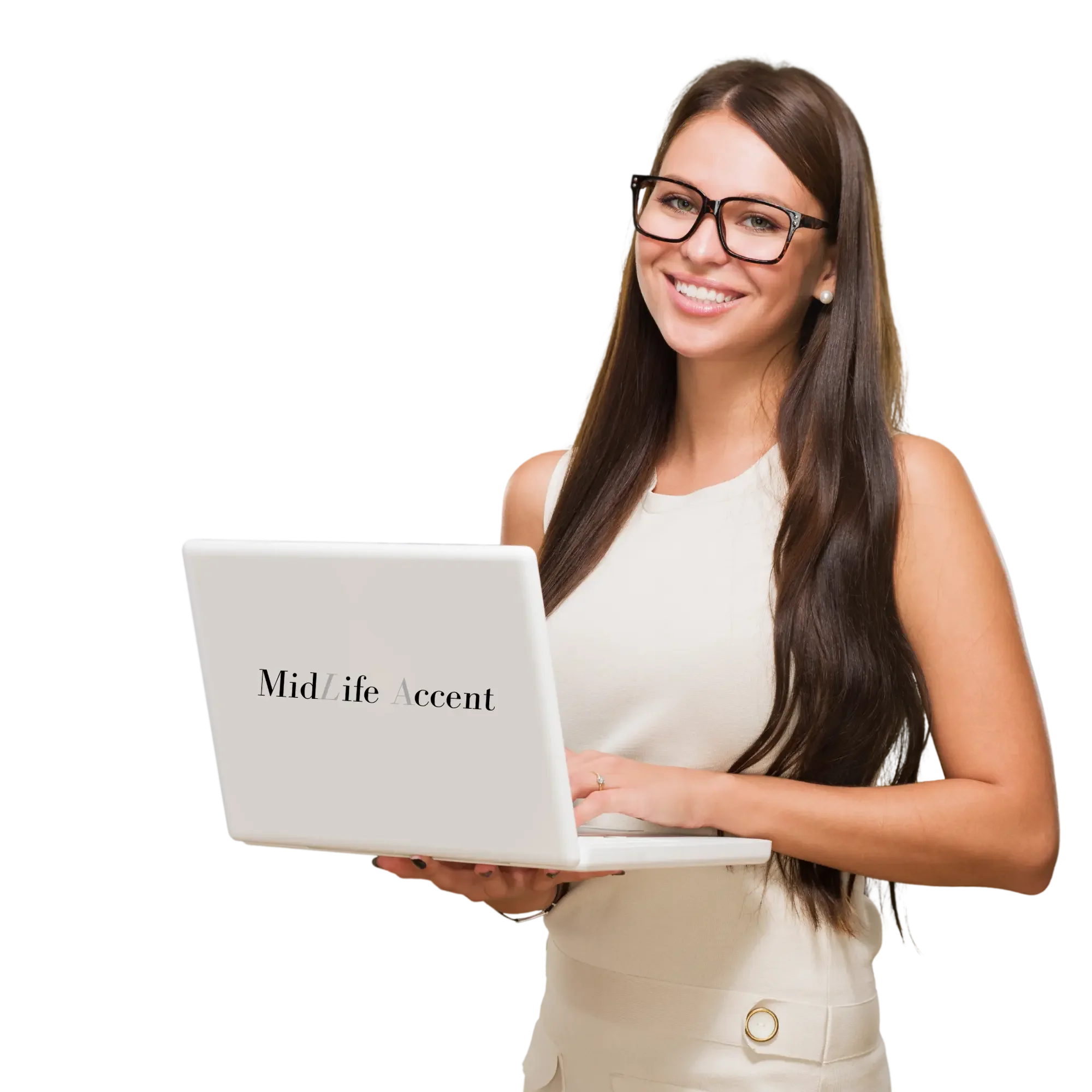 Smiling woman wearing dlasses and holding a laptop with Midlife Accent logo