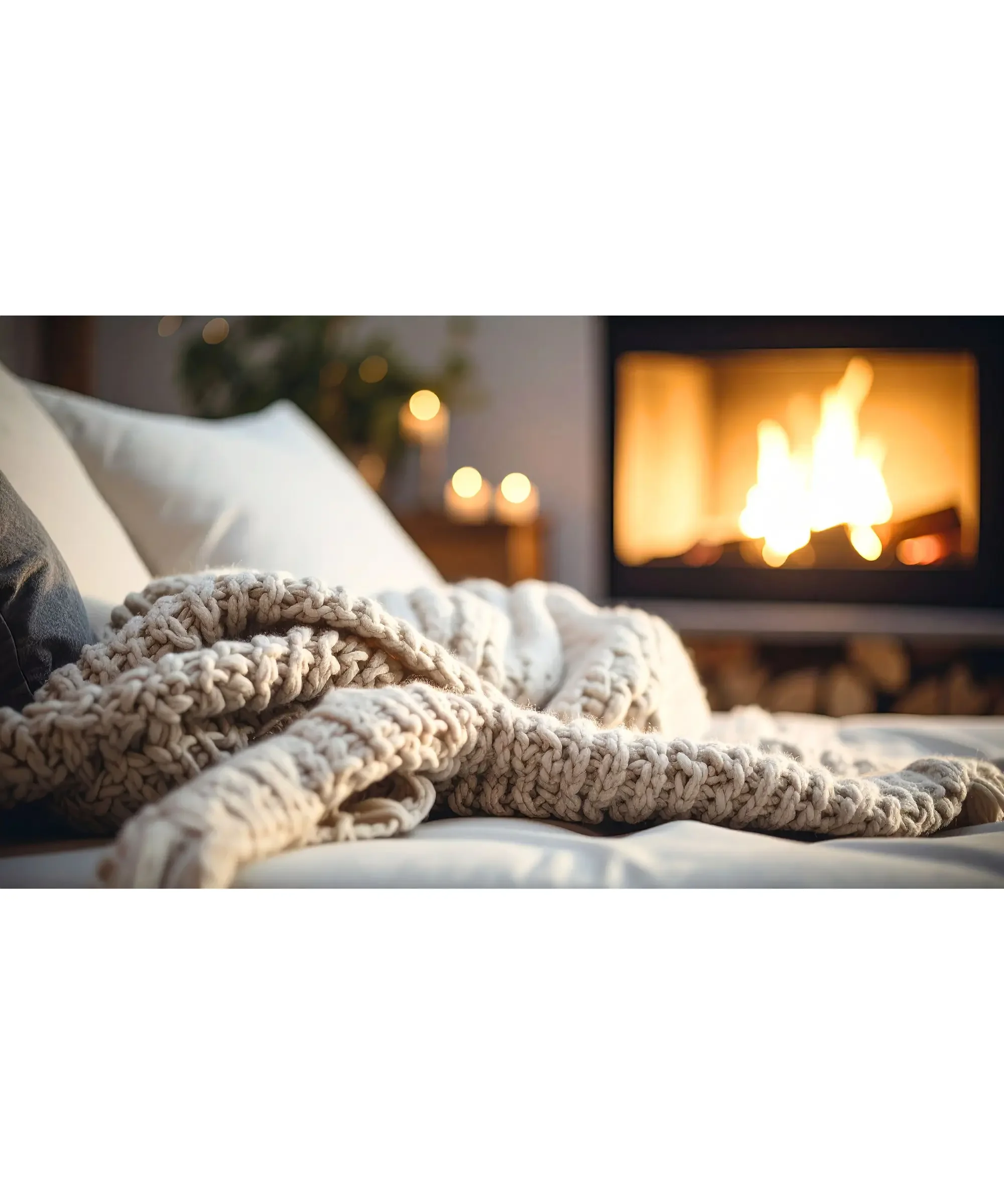 Cozy bedroom with warm fireplace, soft knit blanket on bed, sleep environment for deep sleep, insomnia relief, magnesium for sleep support, nighttime wellness routine for women, natural sleep optimization setup.