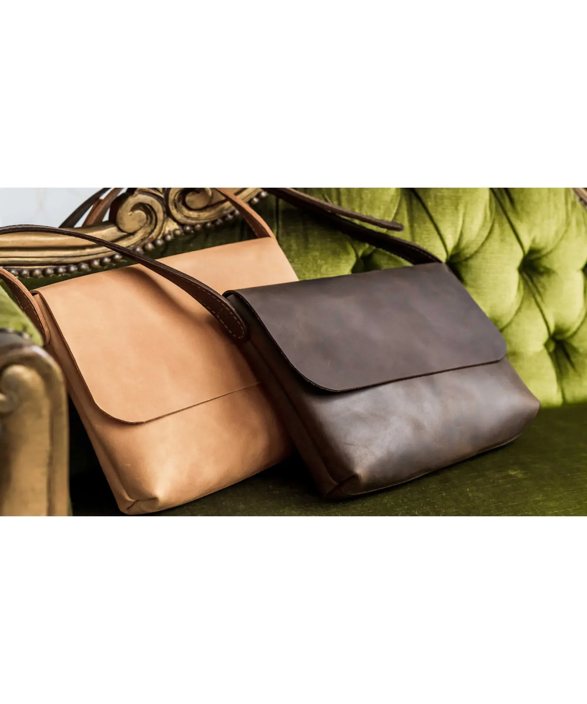 Two mini leather tote bags in caramel and dark brown with shoulder straps, displayed on a vintage green chair, stylish women’s crossbody handbags.