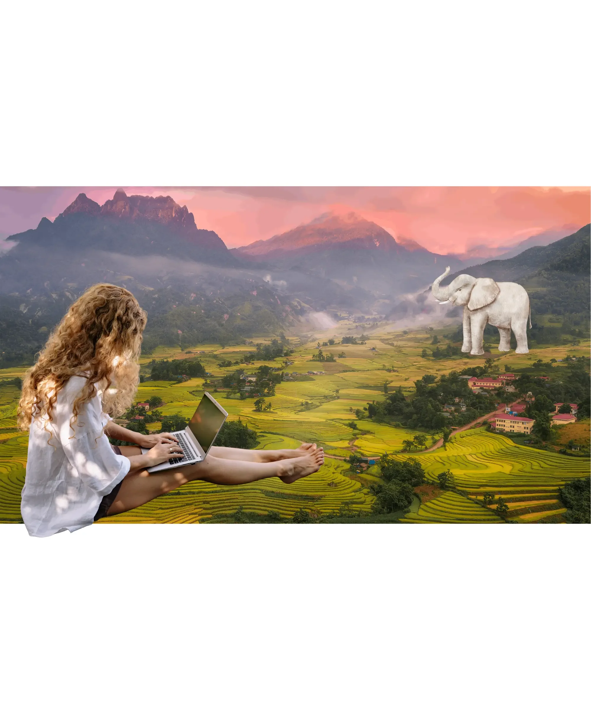 Female writer using a laptop while overlooking a scenic mountain valley and rice fields at sunset, with a symbolic white elephant, illustrating creativity, blogging, and personal storytelling journey.