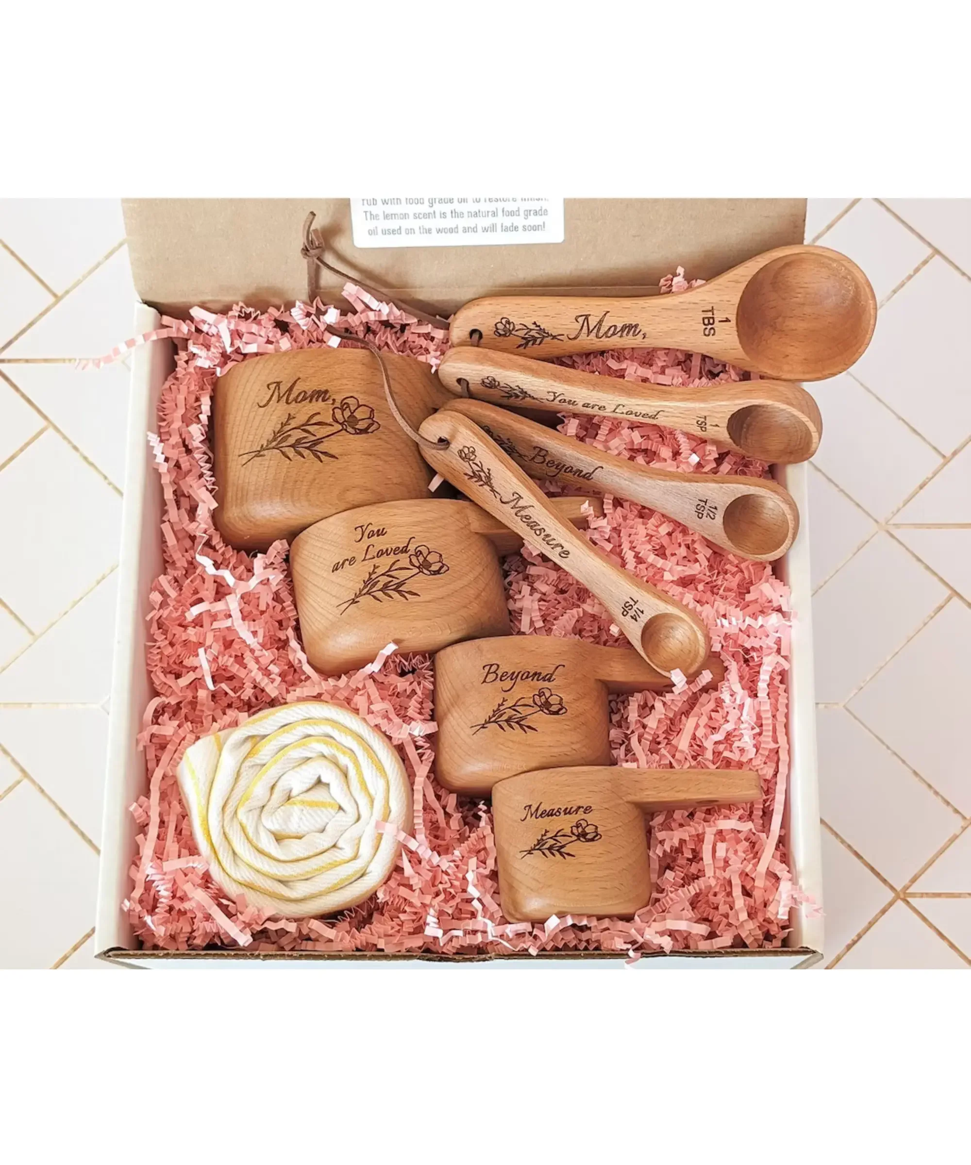 Personalized wooden measuring cups and spoons gift set engraved for Mom, thoughtful kitchen gift idea for Mother’s Day.