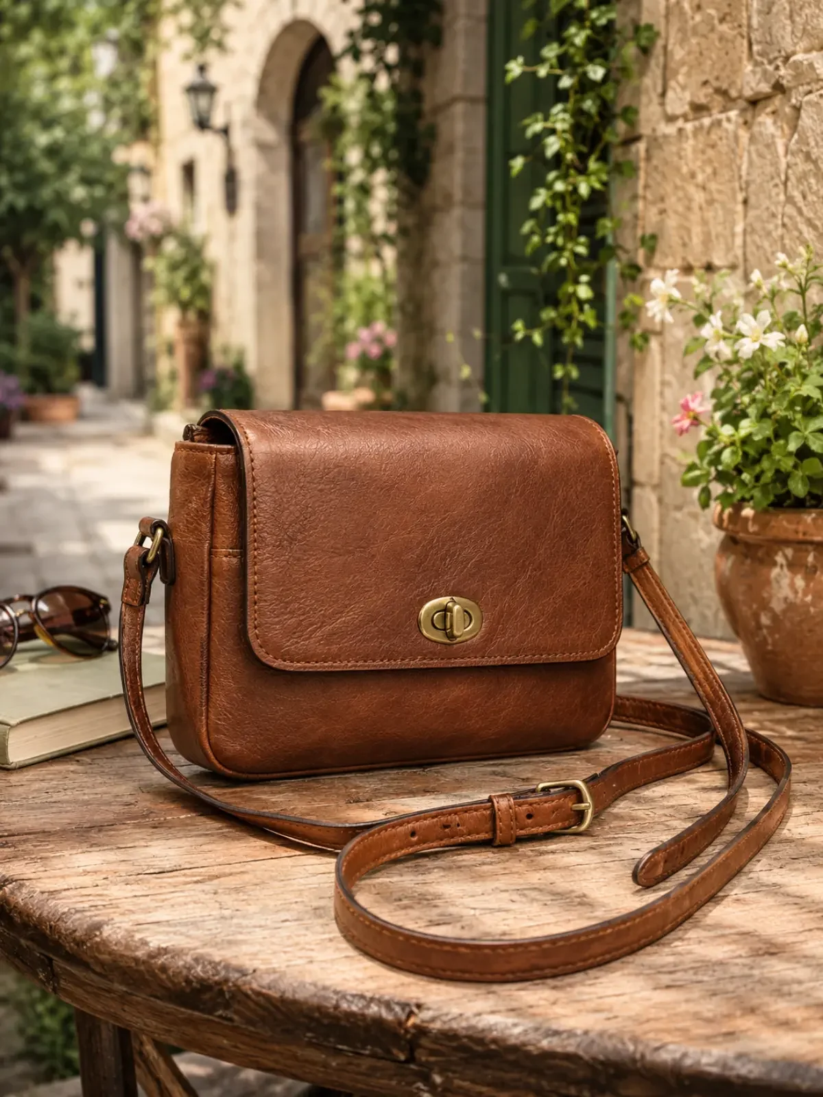 Chestnut leather crossbody bag with an adjustable strap displayed on a rustic table in a Mediterranean courtyard.