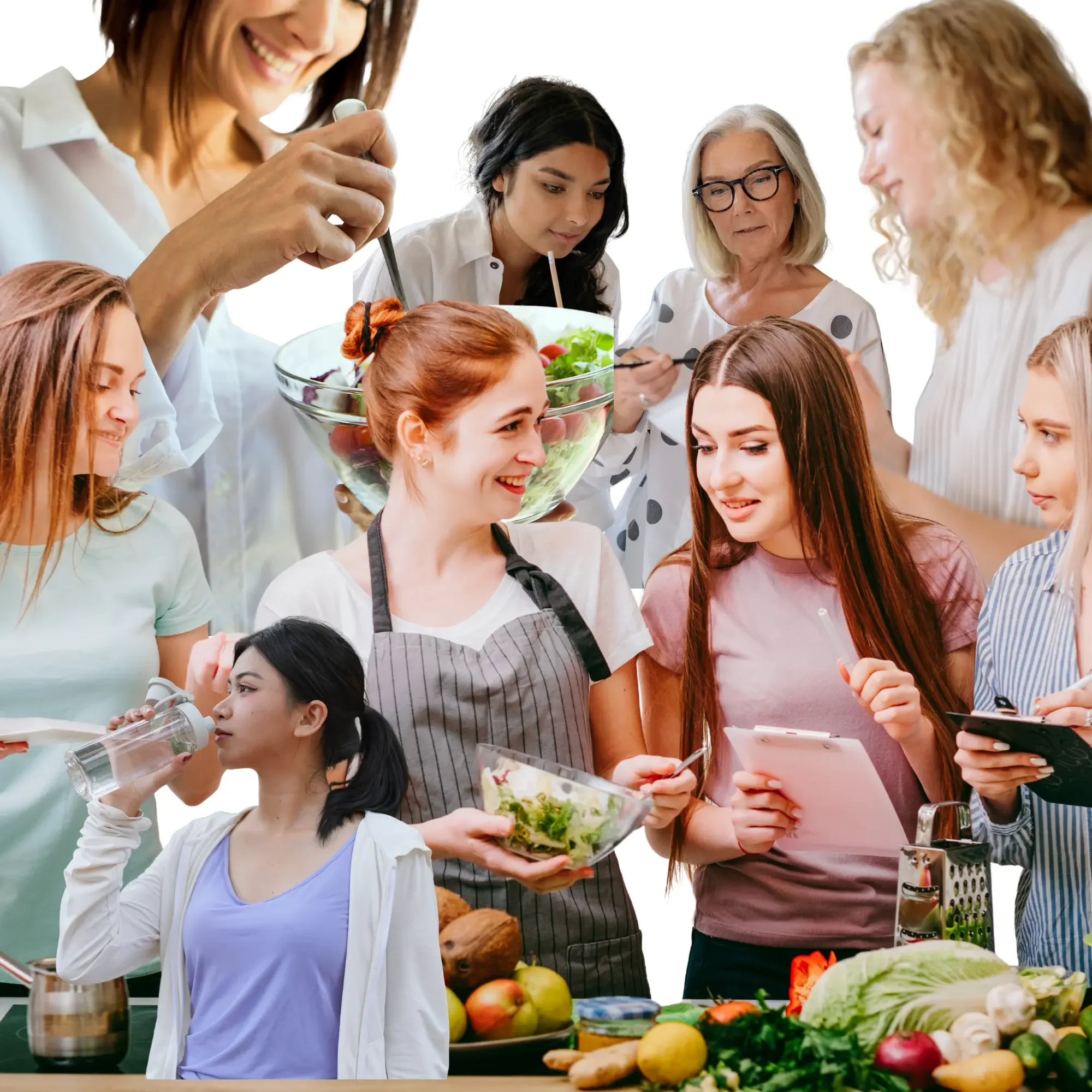 Group of women in a kitchen preparing a salad with vegetables and fruits, engaging in conversation, some holding bowls and utensils, a young girl drinking water in the foreground.
