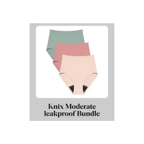 Knix Moderate Leakproof bundle with three high-rise pairs in sage green, pink, and pale peach.