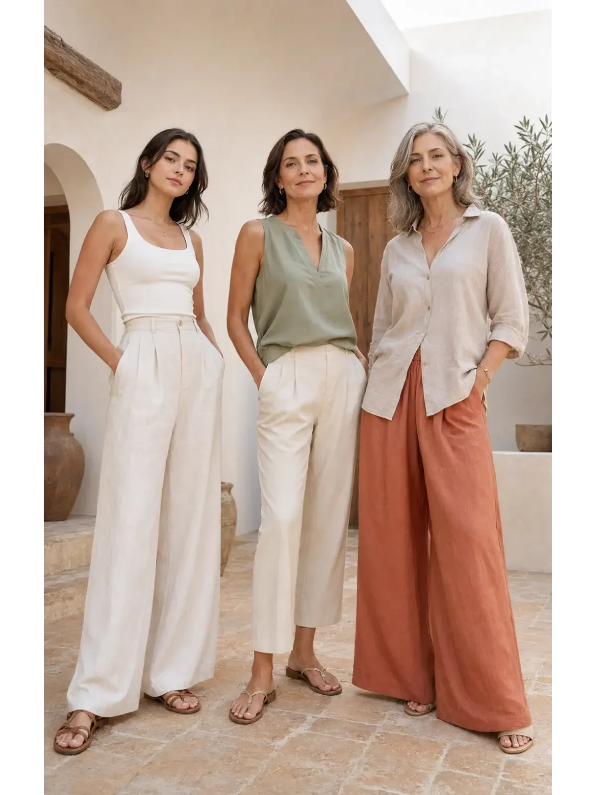 Three women in their 20s, 40s, and 50s wearing lightweight summer pants in neutral colors.