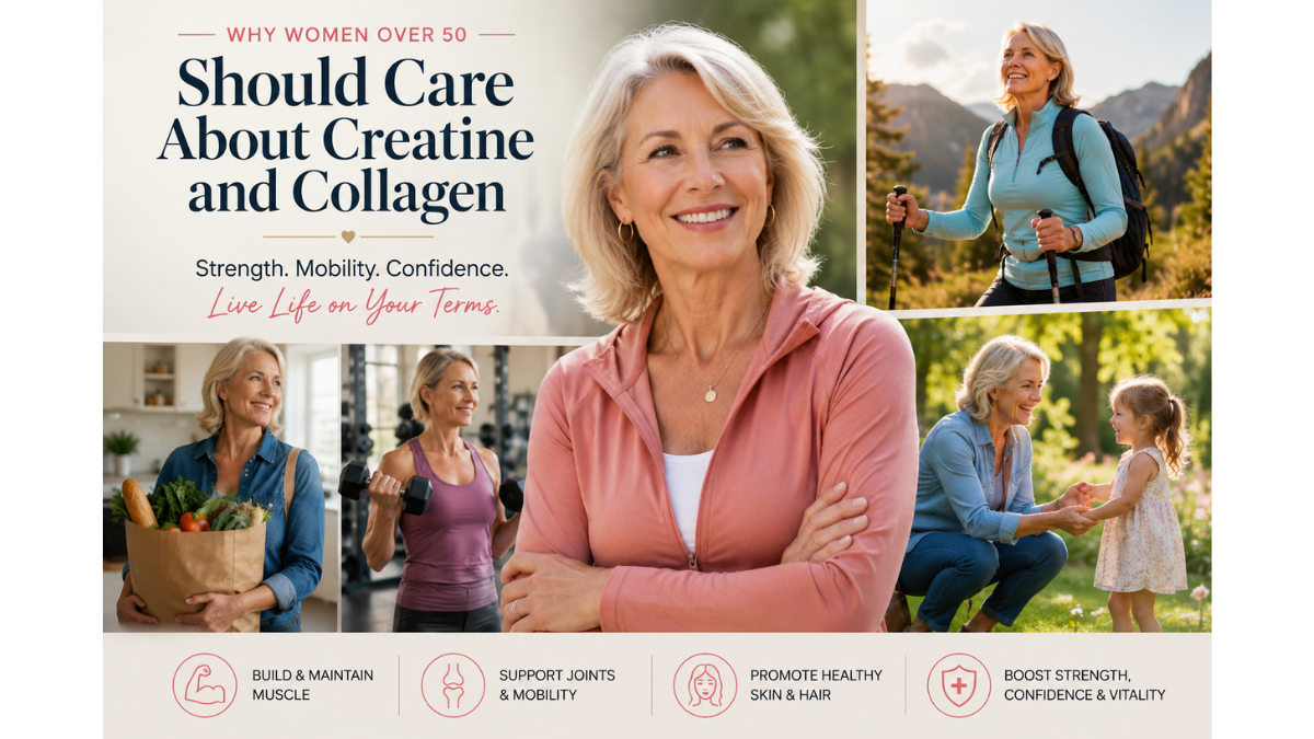 Collage of an active woman over 50 hiking, strength training, carrying groceries, and spending time with her granddaughter, illustrating the benefits of creatine and collagen for healthy aging.