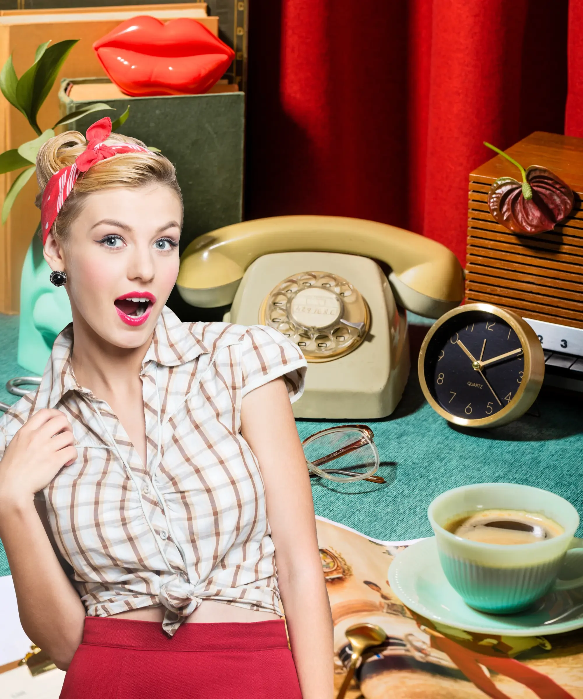 A surprised retro-style woman with red lipstick and a tied plaid blouse poses in front of vintage props, including an old rotary phone, alarm clock, books, and a cup of coffee on a teal table.
