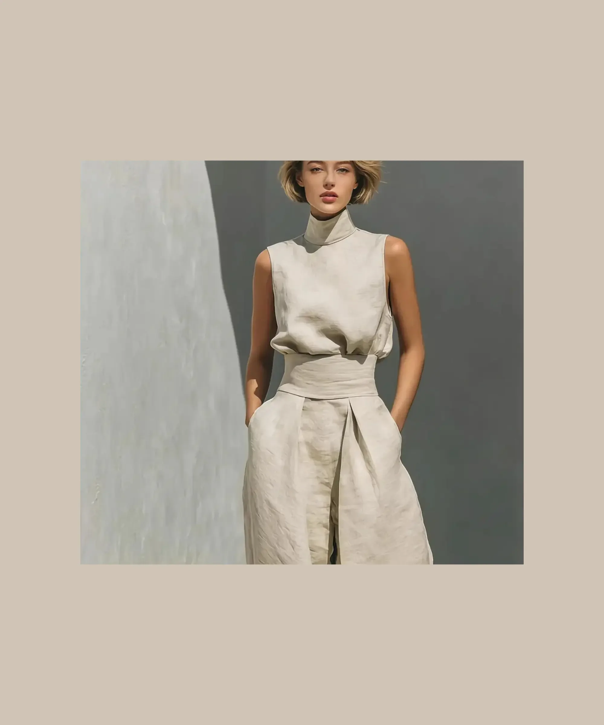 Beige cotton linen sleeveless two-piece outfit featuring a structured high-neck top and wide-leg pants with a defined waist, worn by a woman in a minimalist, modern setting with soft shadows.