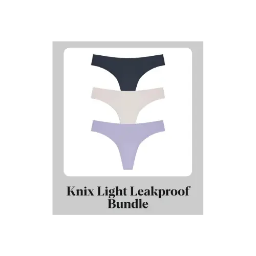 Three Knix Light Leakproof bundles showing thongs and briefs in assorted colors and patterns.