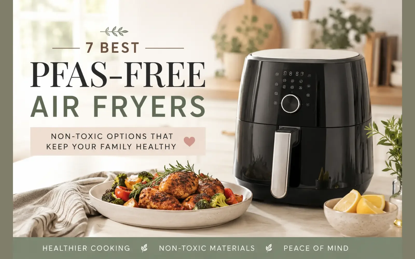 Modern PFAS-free air fryer on a bright kitchen countertop beside a plate of roasted chicken and vegetables, representing healthy, non-toxic cooking for everyday families.