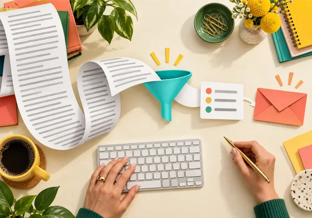 Long email passing through a colorful funnel and becoming a short summary and organized reply on a desk.