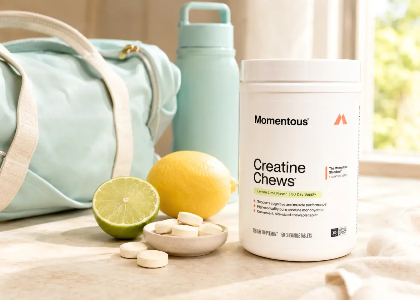 Momentous Lemon Lime Creatine Chews beside a gym bag, water bottle, lemon, lime, and chewable tablets.