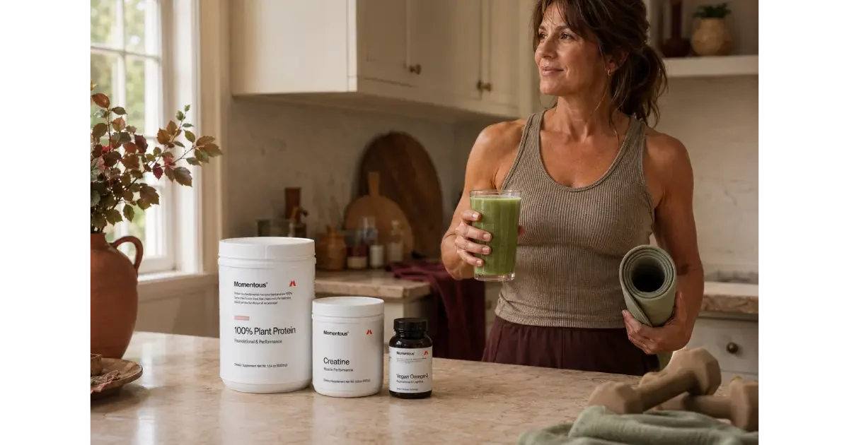 Active woman holds a green smoothie and exercise mat beside Momentous plant protein, creatine, and vegan omega-3.