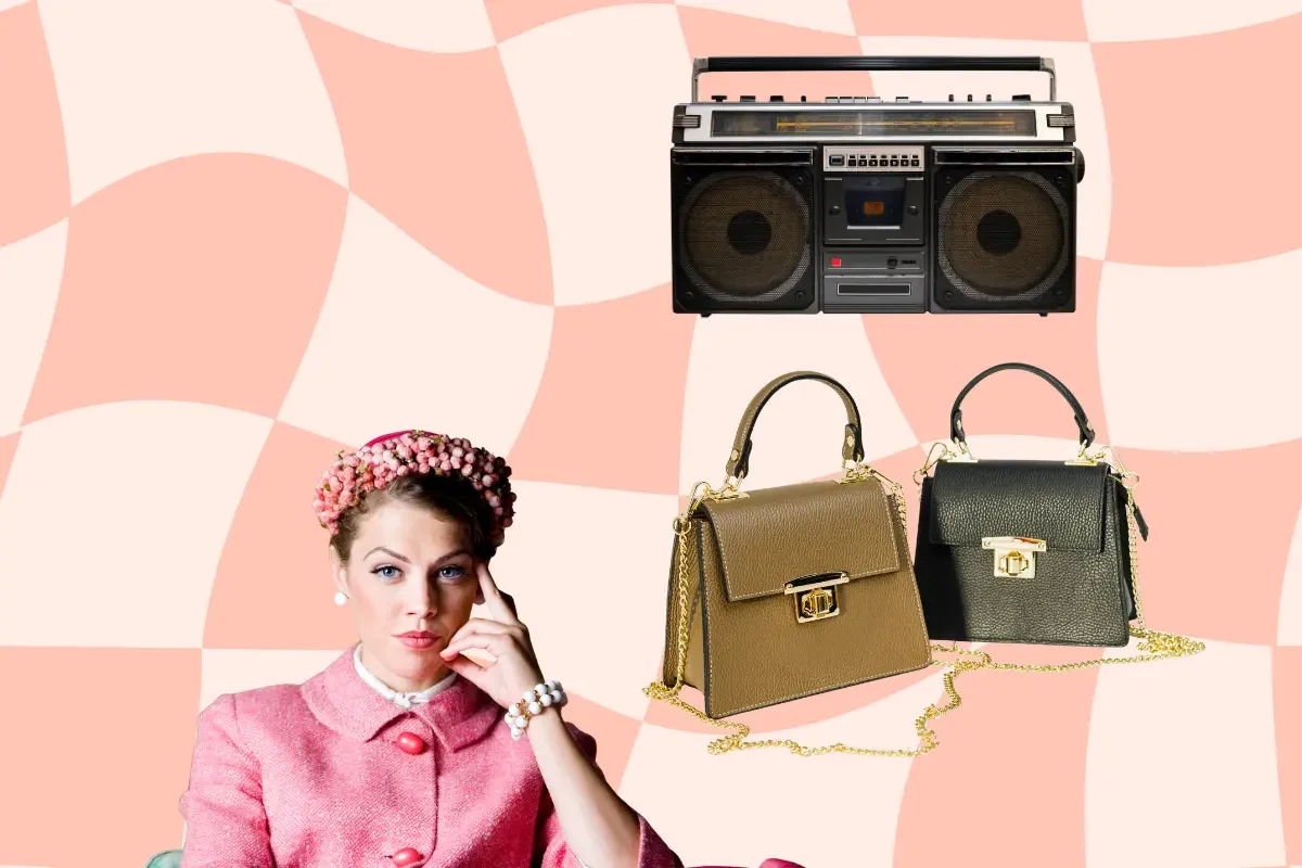 Vintage-inspired collage featuring a retro radio, elegant handbags, and a stylish woman in pink, symbolizing product ideas for sourcing and boutique-style entrepreneurship.