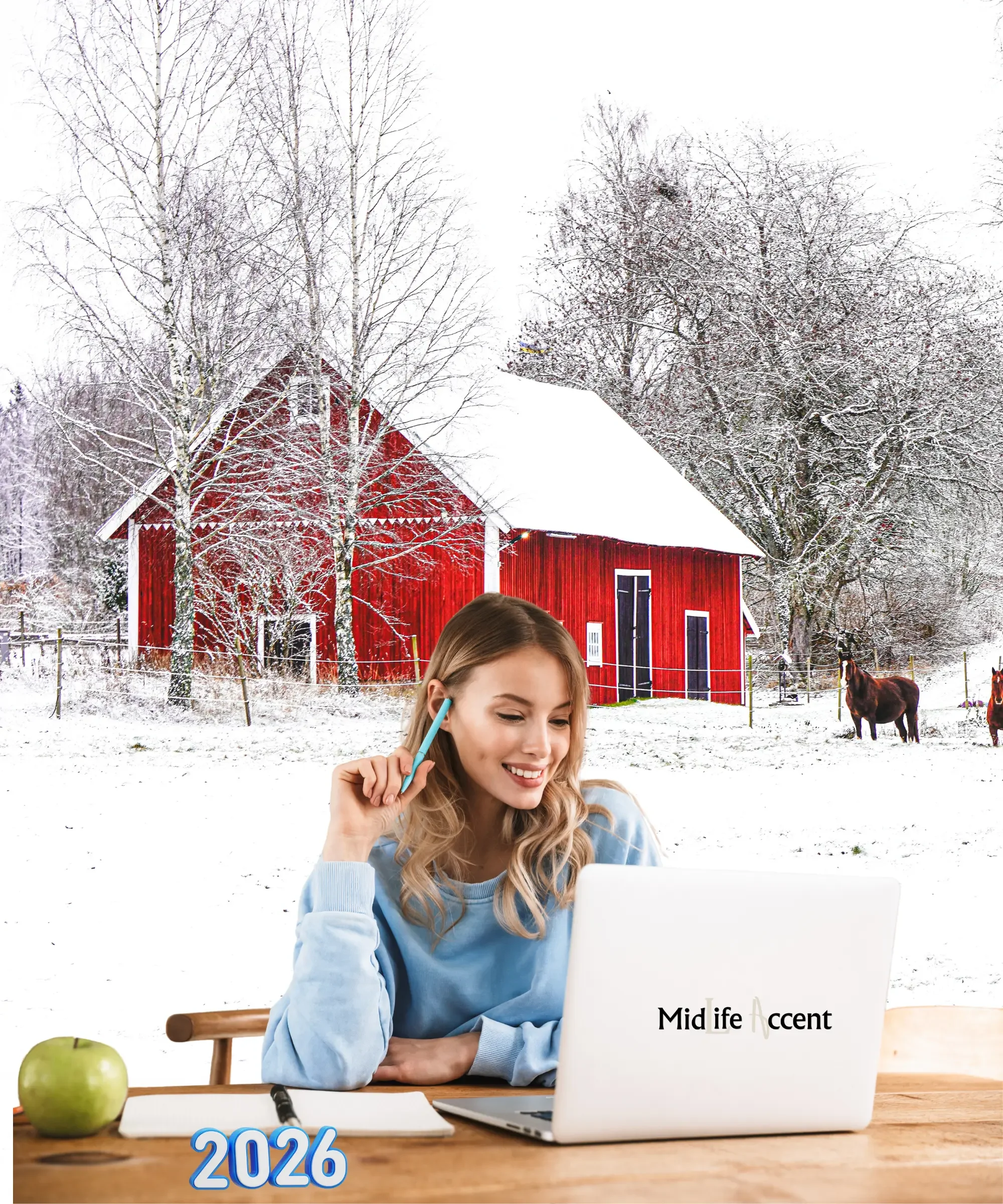 “Woman working remotely on a laptop in winter, representing midlife reinvention, online business, and digital entrepreneurship in 2026.”