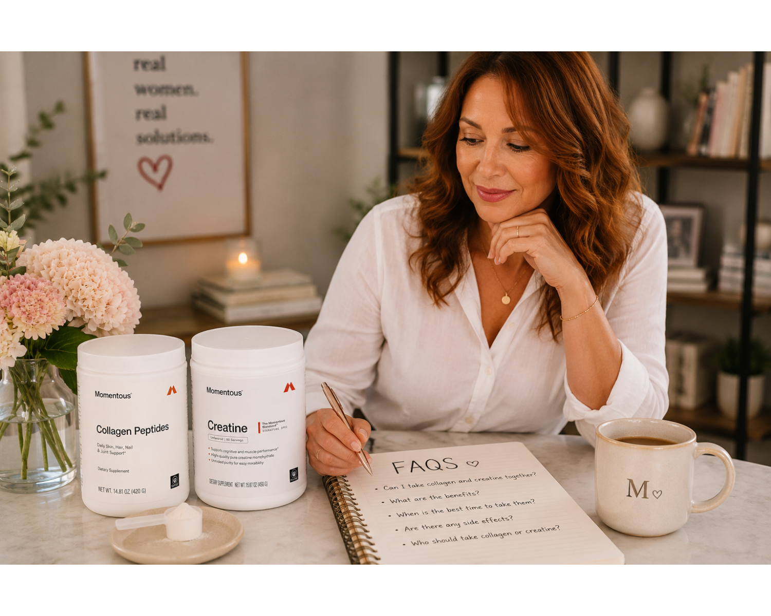 Woman reviewing creatine and collagen supplement FAQs beside Momentous Creatine and Collagen Peptides containers with a coffee mug in a bright home office.