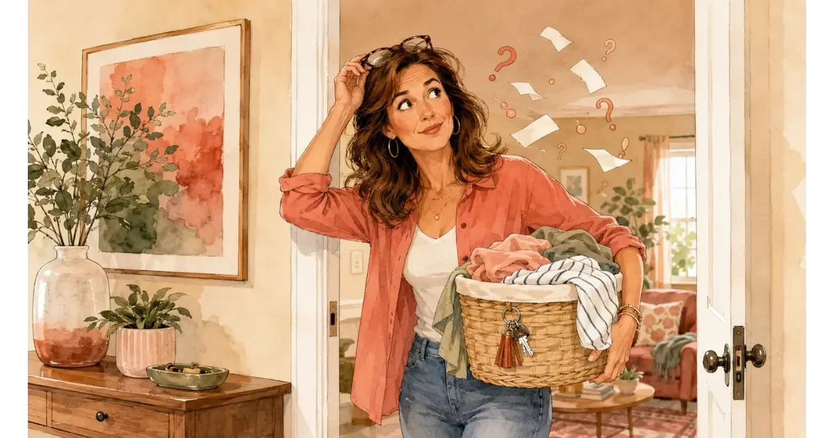 Watercolor illustration of a woman in her early 40s standing in a doorway with laundry, wondering why she entered the room.