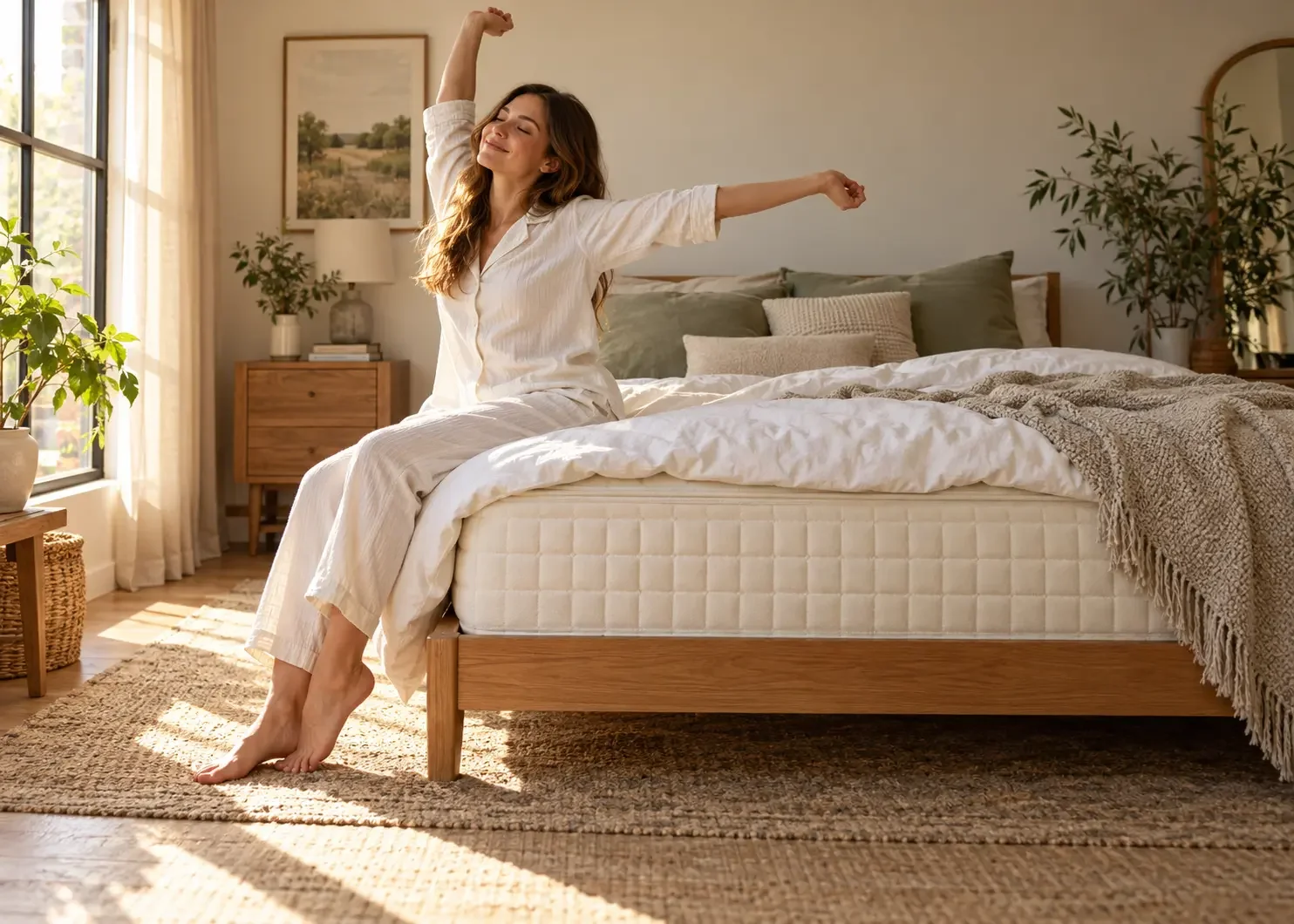 Woman in ivory pajamas stretching while seated on a bed with a cream quilted mattress in a sunlit bedroom.