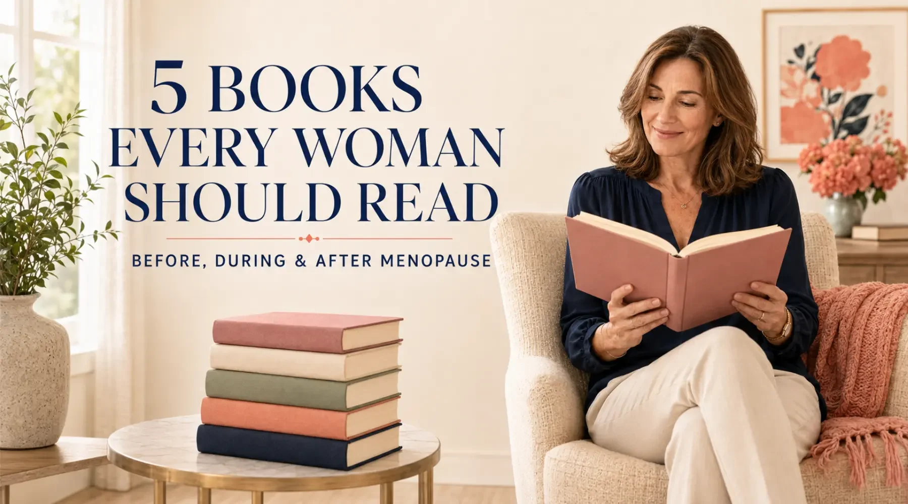 Woman reading beside a stack of books with text: “5 Books Every Woman Should Read Before, During and After Menopause.”