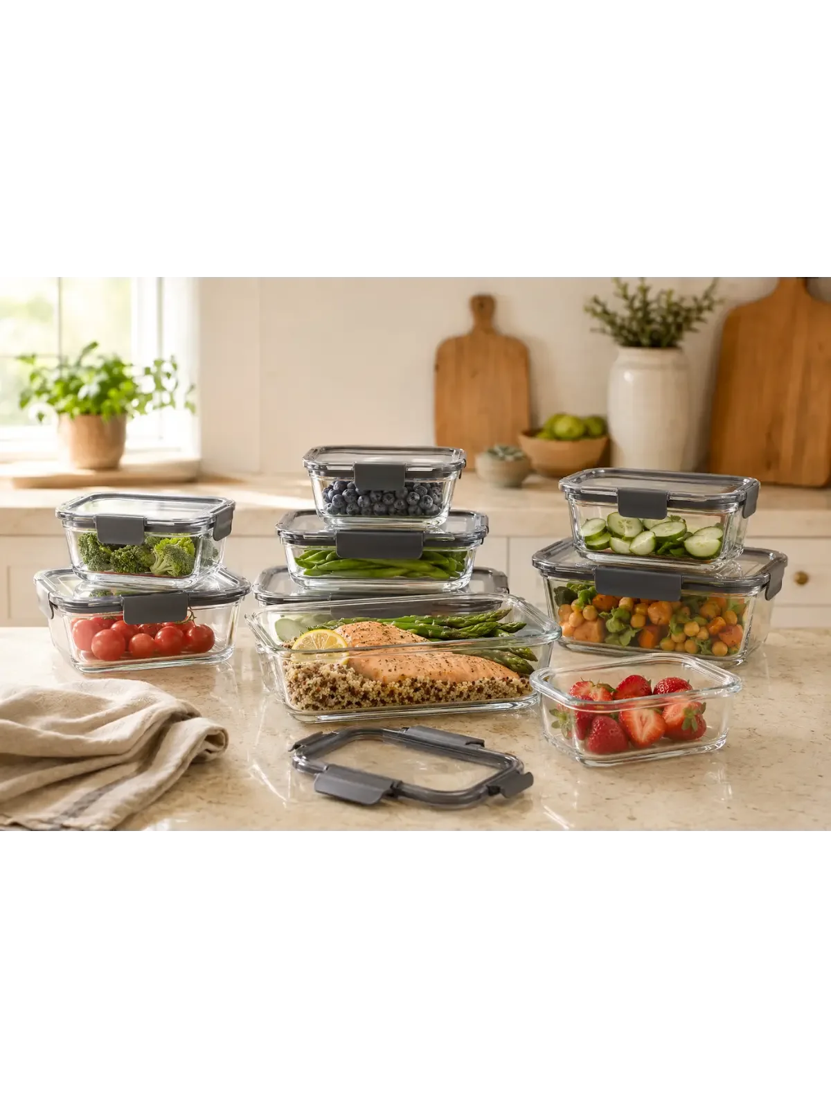 Glass food storage containers filled with fresh vegetables, fruit, and a healthy meal in a warm, modern kitchen.