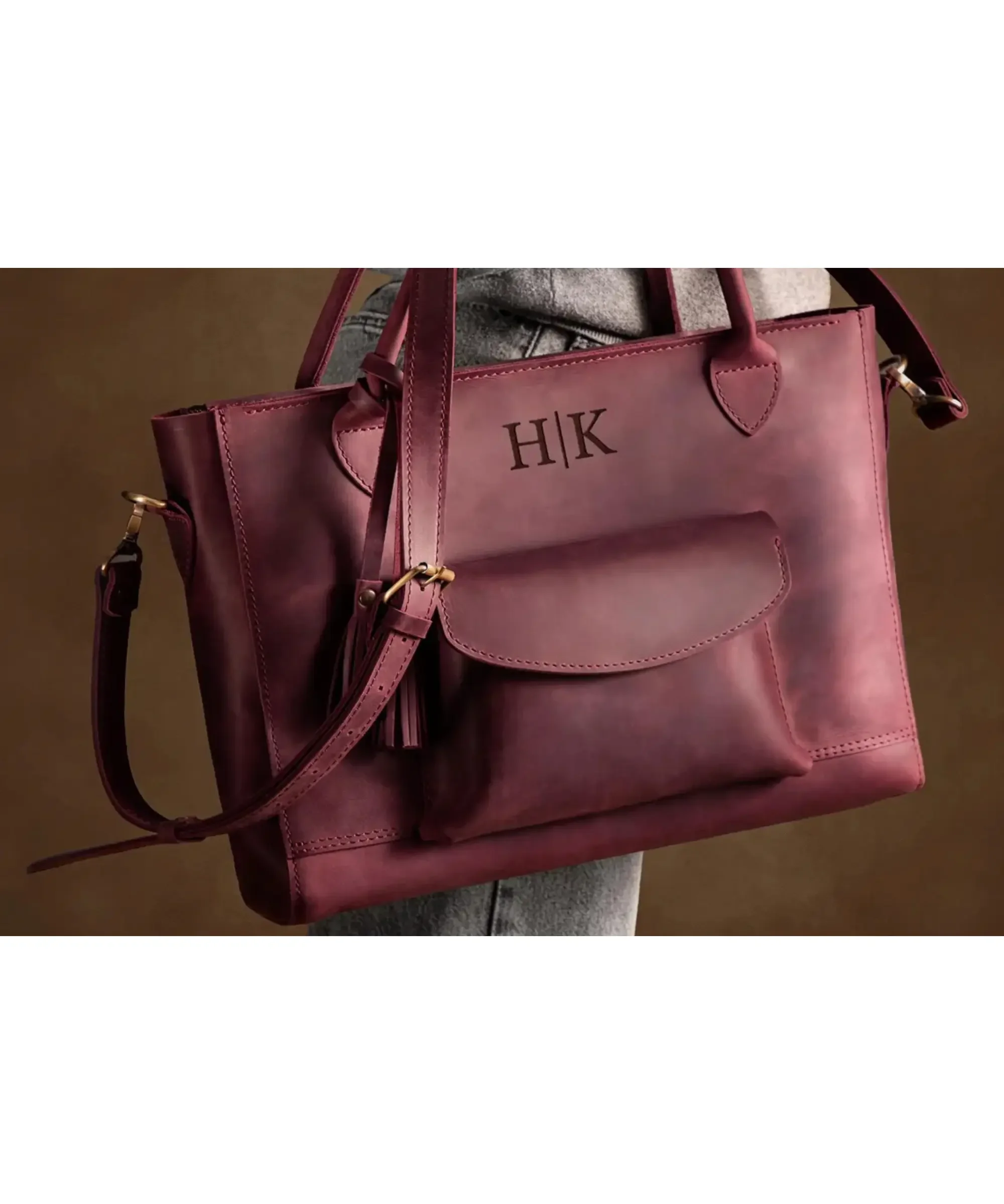 Personalized leather satchel for women with monogram initials.
