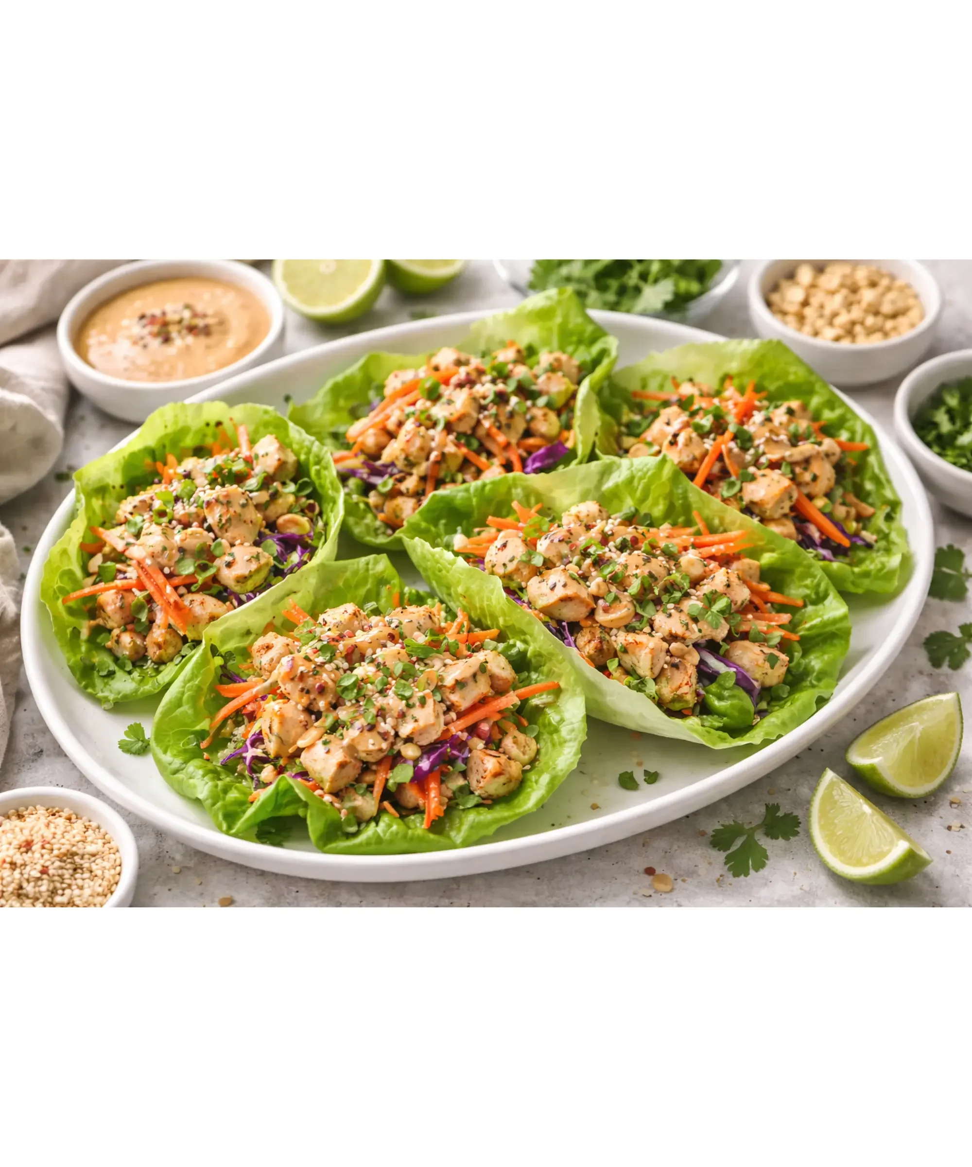 lettuce wraps on a plate with chicken in it