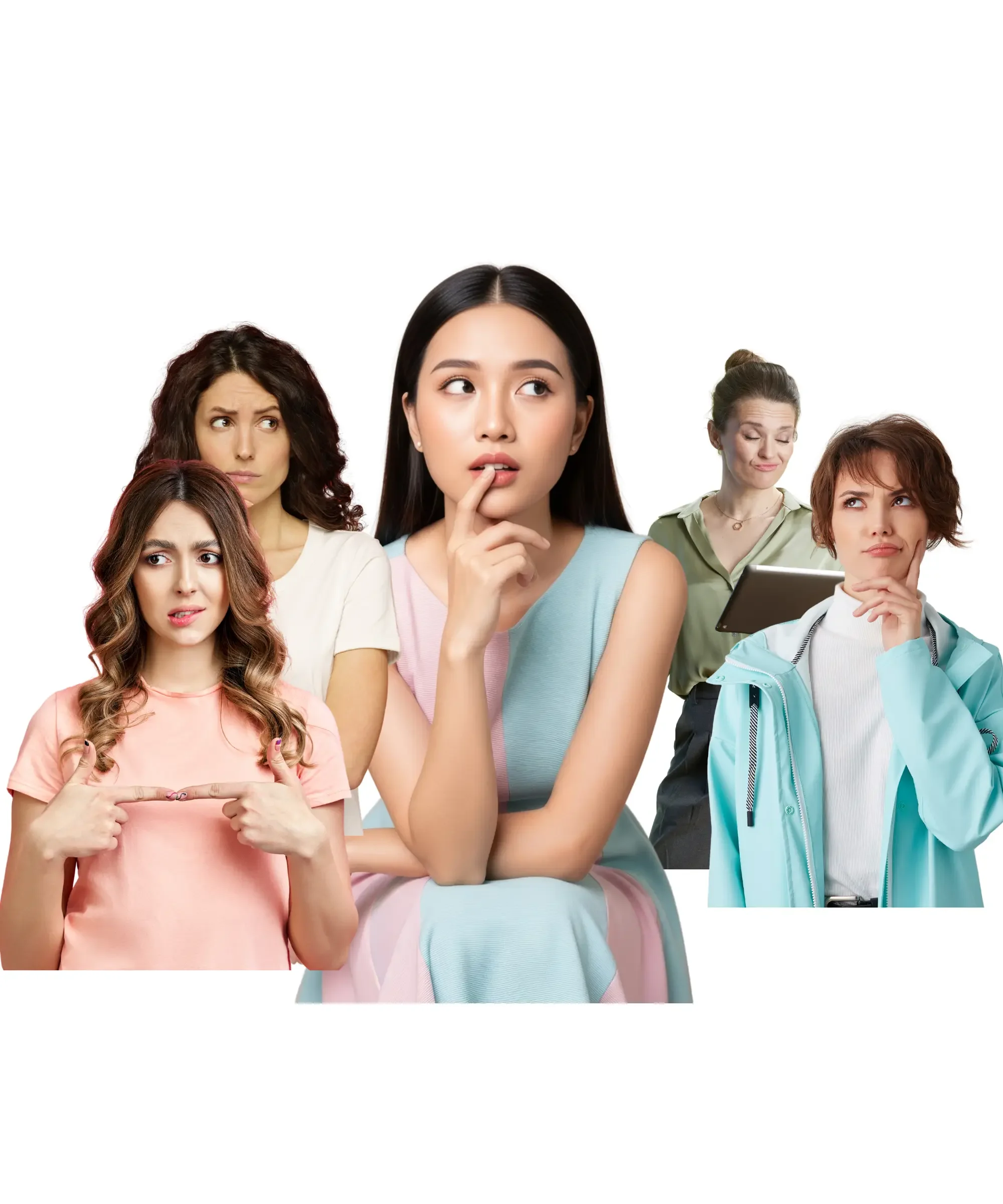 Women looking thoughtful and uncertain, symbolizing the challenge of deciding what product to sell in a new business.