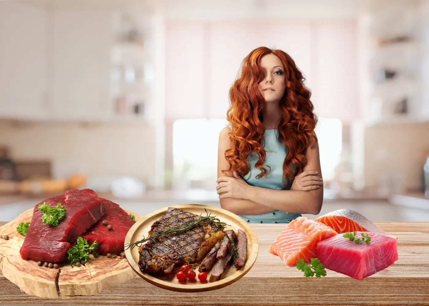 diabetic-friendly ingredients over the counter with a woman behind it, beef, and fish