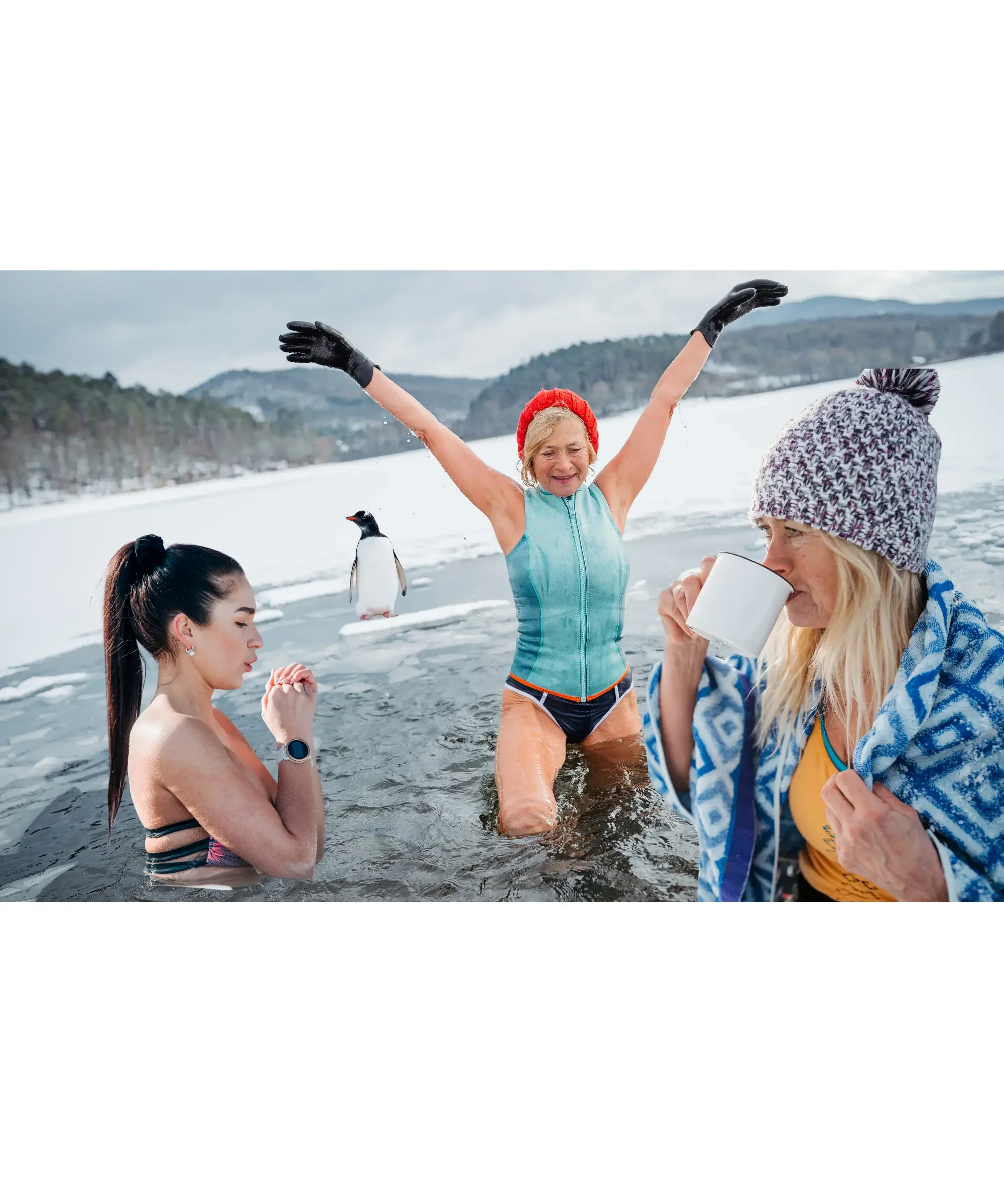 Women practicing ice bath therapy in a frozen lake during winter, embracing cold water immersion for recovery and mental resilience.