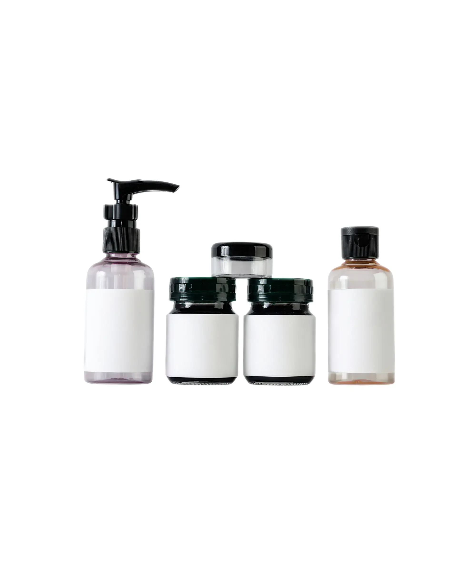 Blank cosmetic bottles and jars arranged on a white background, representing private label product packaging