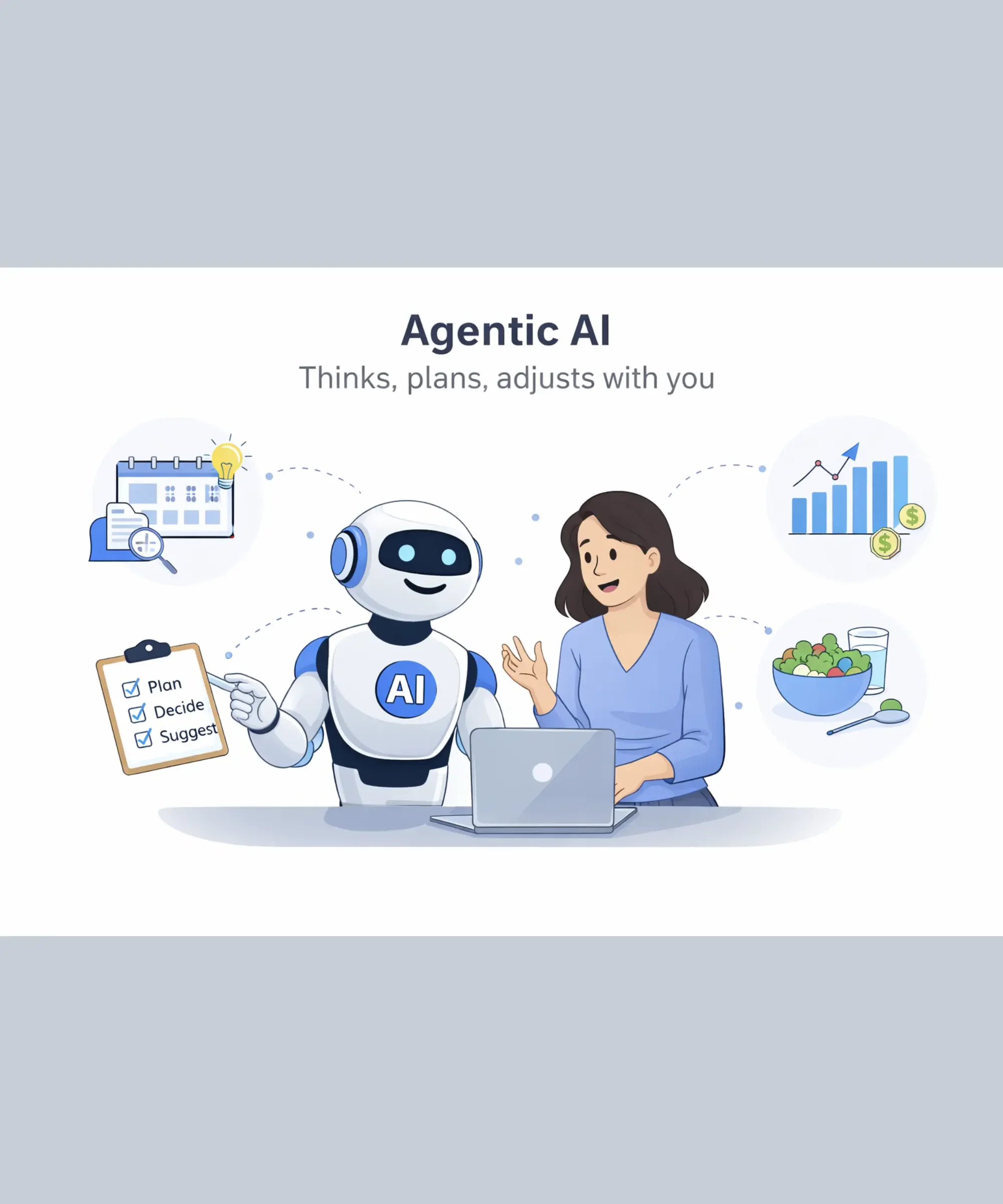 Graphic of an agentic AI helping a human female to organize her life