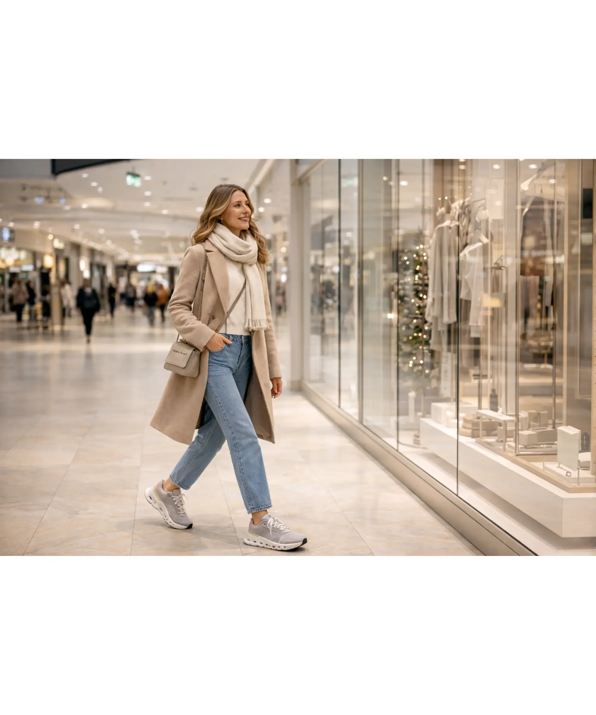 Smiling woman in a beige winter coat walking through a shopping mall, window shopping and wearing comfortable walking sneakers.