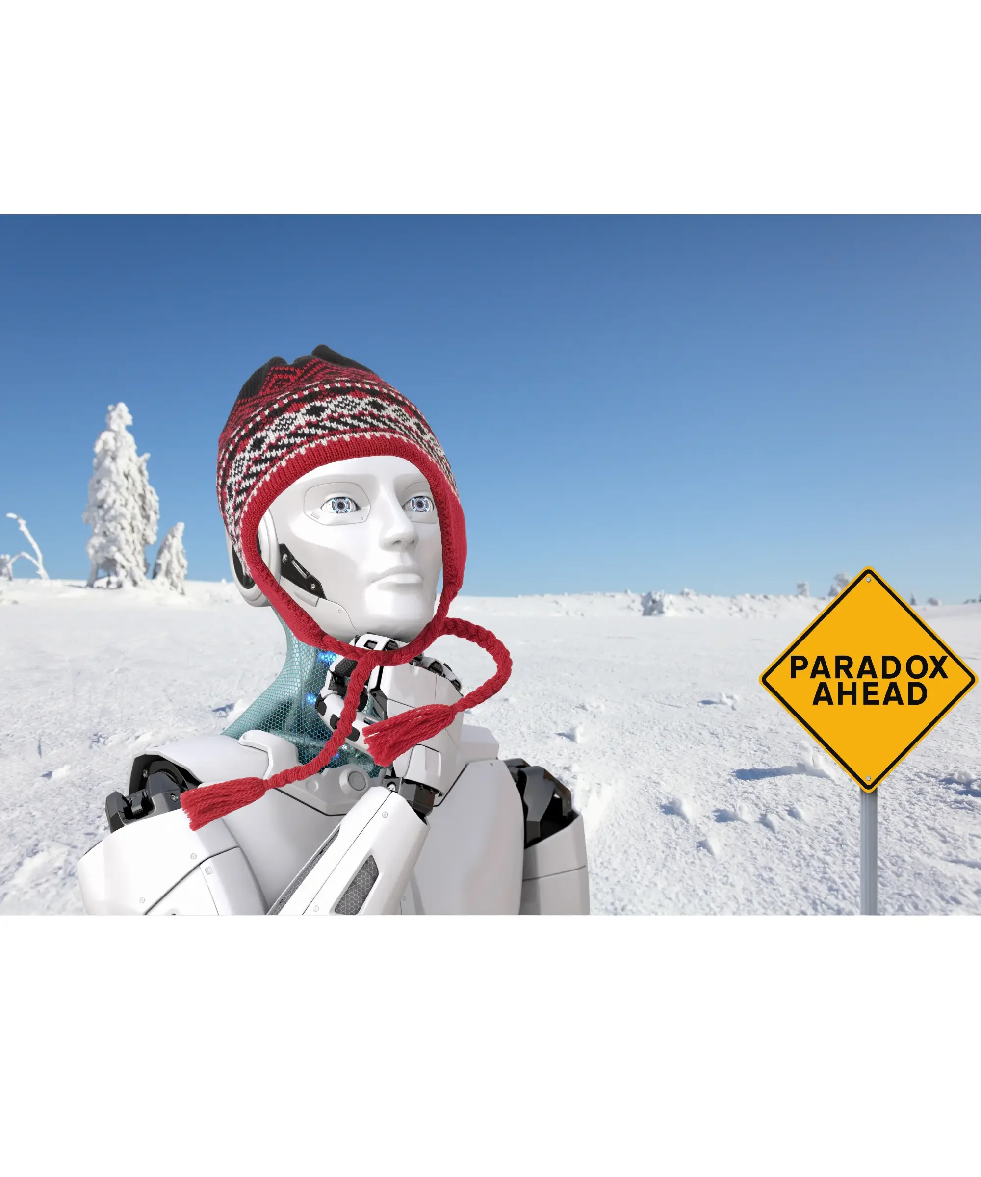 Futuristic robot in a snowy landscape wearing a winter hat, with a sign reading “Paradox Ahead,” symbolizing AI in cold climates.