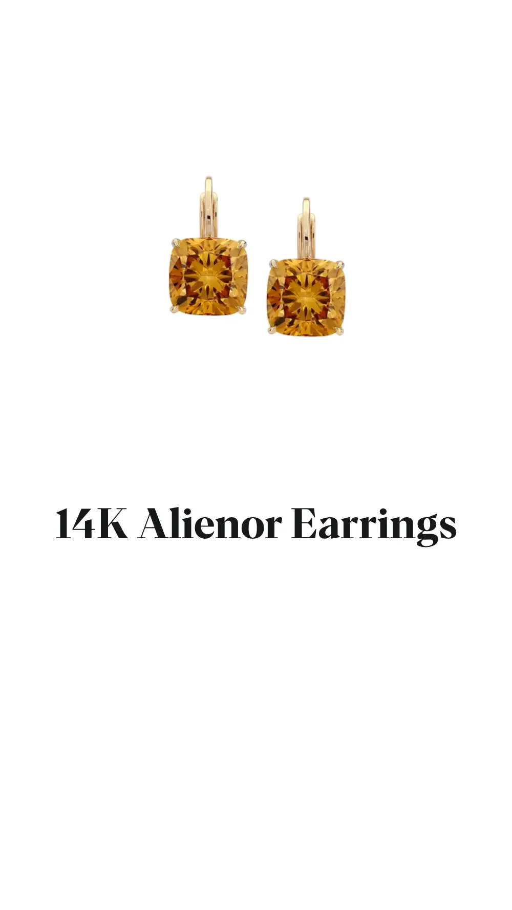 Dorsey drop earrings with amber-colored cushion-cut stones in gold settings on a white background, with text reading “14K Alienor Earrings"