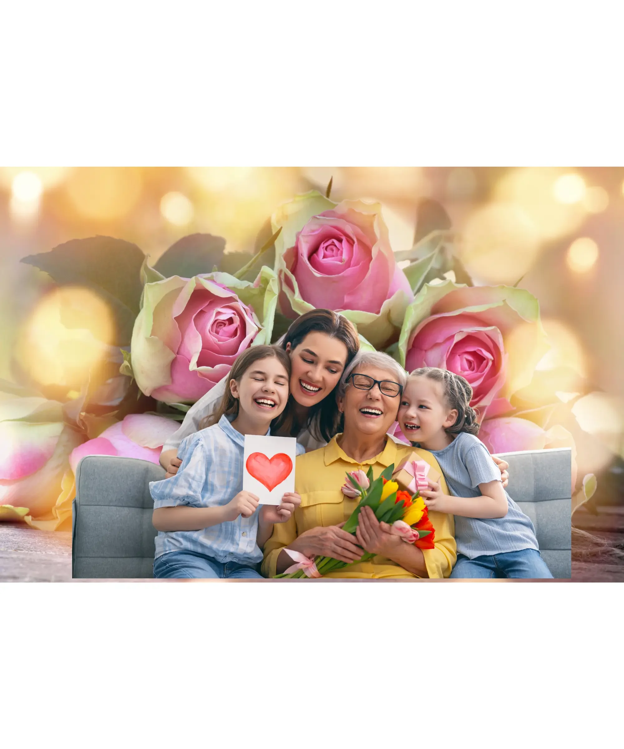 Happy family celebrating Mother’s Day with grandmother, mother and children holding flowers and heart card, surrounded by pink roses and warm glowing background